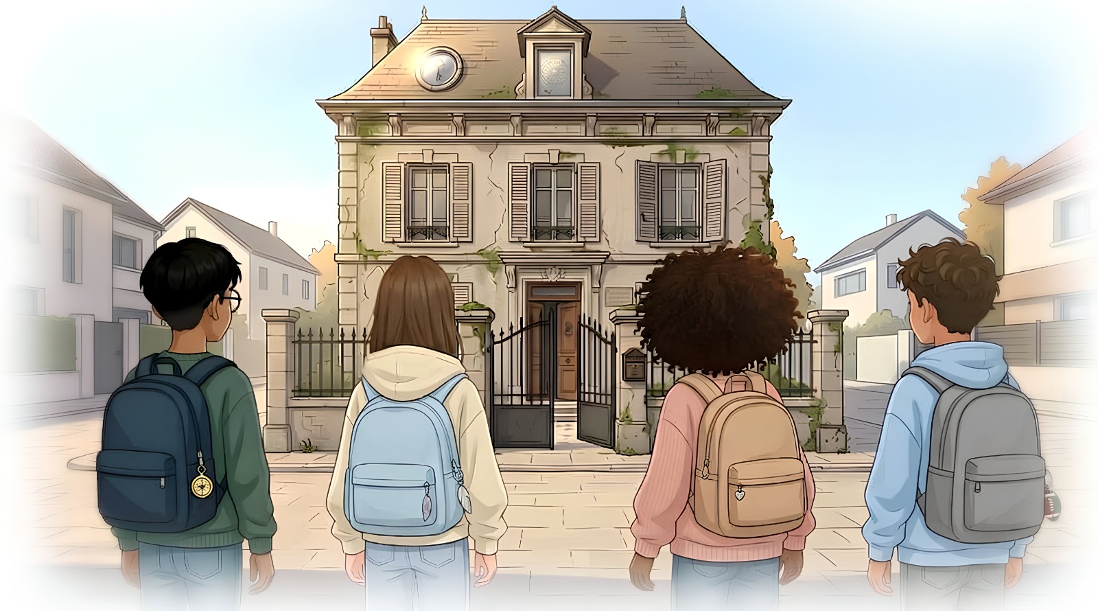 Quatre enfants face à une maison mystérieuse